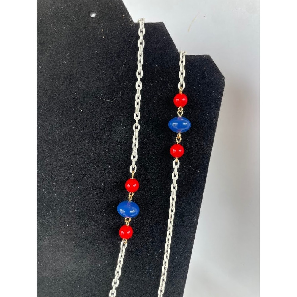 Vintage 1980 57" Nautical Red Blue Glass Bead Station Necklace Silver Tone Chain - Picture 3 of 4